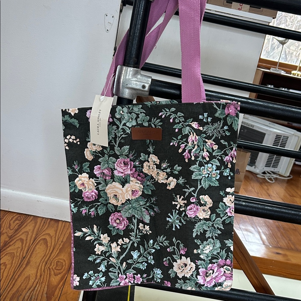 Floral Tote Bag with Purple Handles